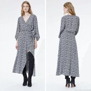 IRO Womens Long Sleeve V Neck Midi Shift Dress Black White Leopard Size FR 38